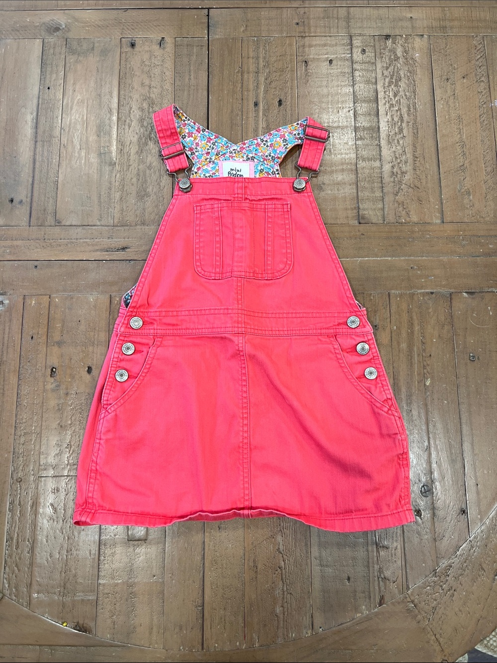 Mini Boden pink coral denim jumper dress 7-8 heart pockets